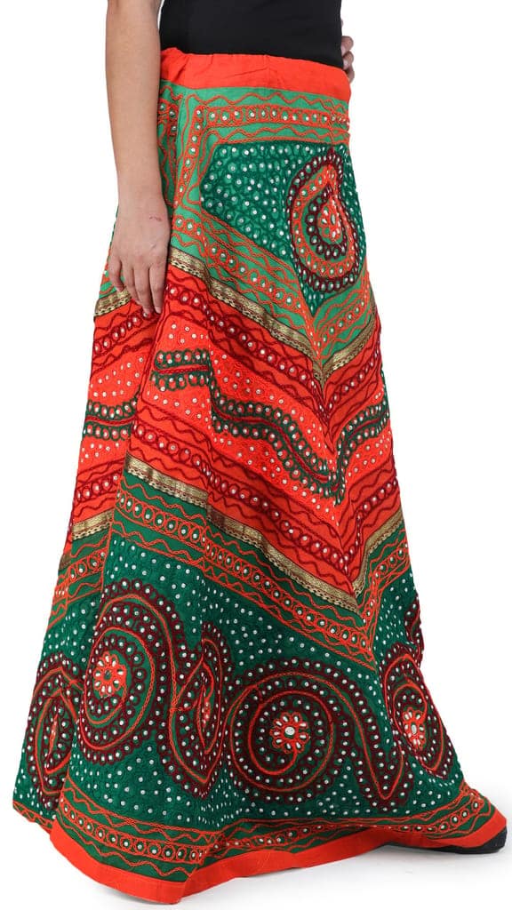 Green And Orange Long Ghagra Skirt from Jaipur with Aari Embroidery and Sequins view 2