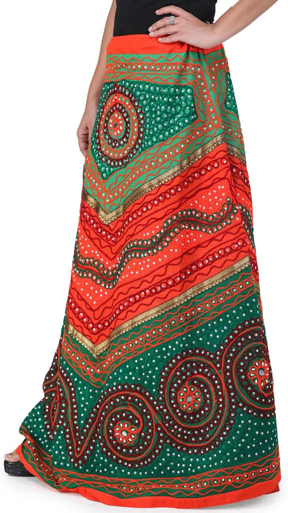 Green And Orange Long Ghagra Skirt from Jaipur with Aari Embroidery and Sequins view 3