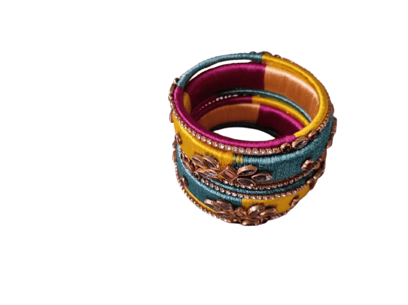 Set of 2 Green & Yellow Silk Thread Bangles with Stone Work for Women view 2