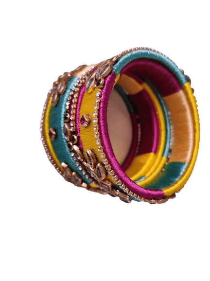 Set of 2 Green & Yellow Silk Thread Bangles with Stone Work for Women view 3
