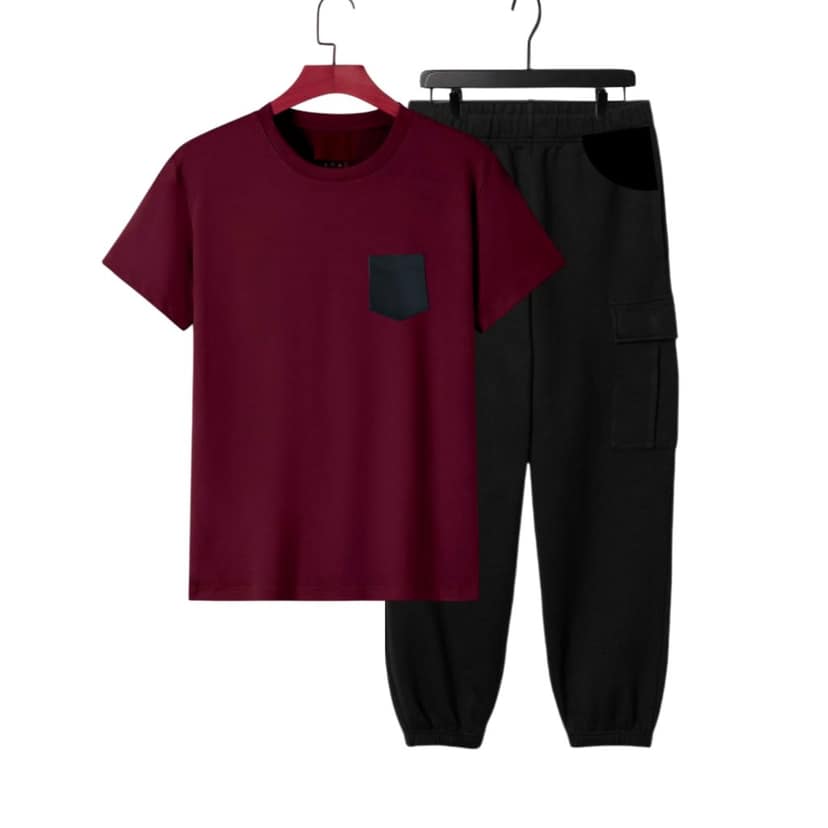 HAZAWA Men's colorblock Tracksuit, T-Shirt & Black Jogger Pants, trendy new collection, Stylish Co-ord set, New Collection , Gymwear, Maroon view 3