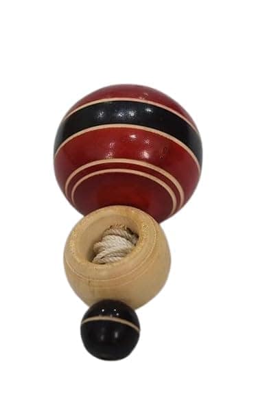 Wooden Spinning Top Toy, Red and Black Striped, Traditional String Pull Design, Classic Vintage Style