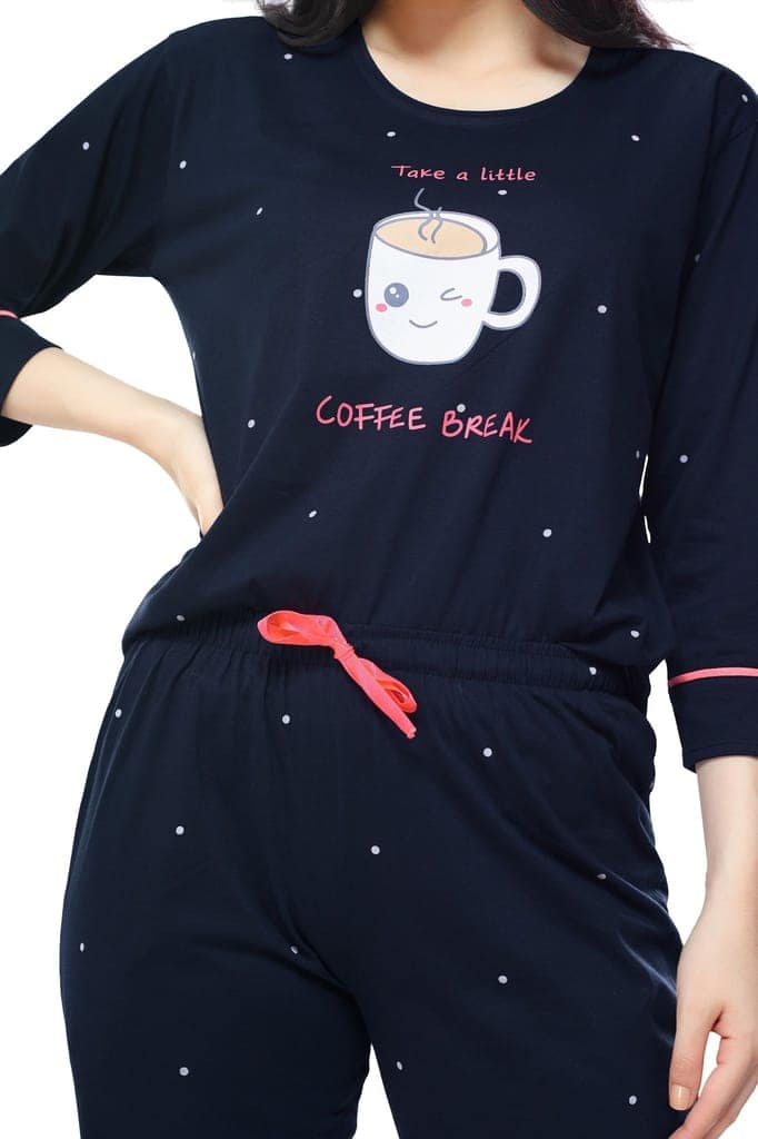 ZEYO Women's Cotton Navy Blue Dot Printed Stylish Night suit set view 2