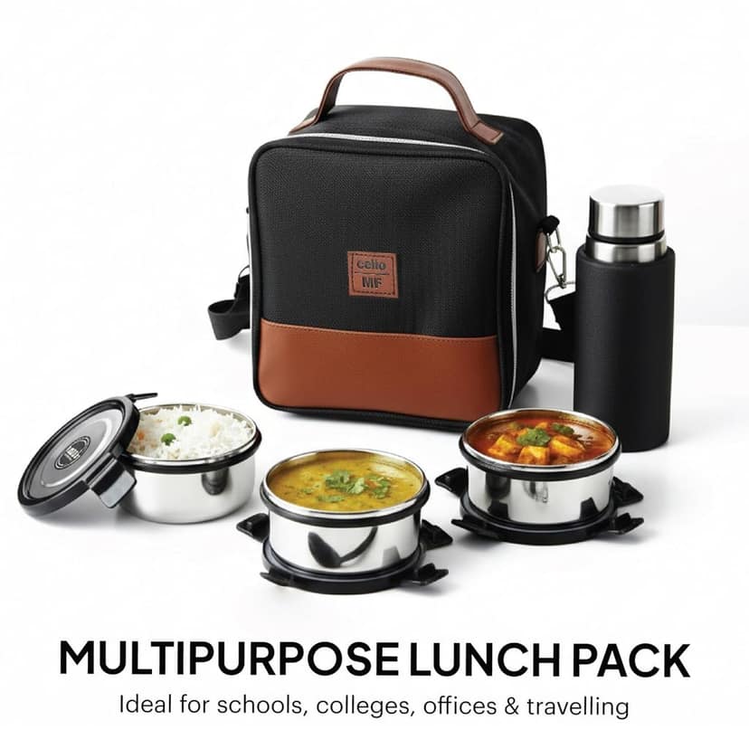 CELLO MF President Combo Stainless Steel Lunch Box with Bag, Black Leatherite | 3 x 300ml Round Steel Container, 1 x 450ml Steel Water Bottle | Airtight Clip Lock, Rust & Leakproof Office Tiffin Box view 2