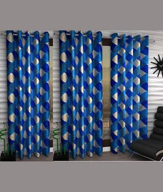 N2C Home Floral Semi-Transparent Eyelet Curtain 7 ft ( Pack of 3 ) - Blue
