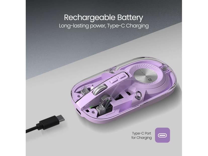 Portronics Toad 8 Transparent Wireless Bluetooth Mouse with Dual Wireless (BT + 2.4 GHz), Rechargeable Battery, Noise-Free Clicking, Show/Hide Desktop, Multi-Device Pair, Adjust Sensitivity - Purple view 3
