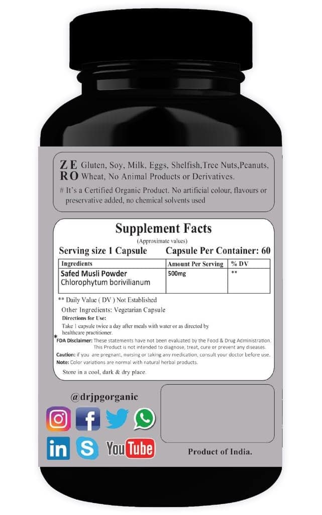 Dr JPG Organic Herbals Safed musli capsules 500mg 60 veg capsules | for Immunity Strength, Energy Level |INDIA Organic Certified. view 2