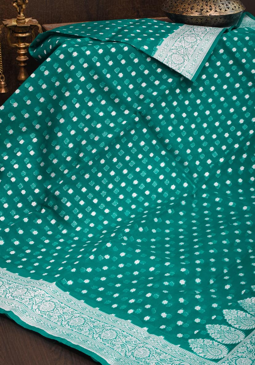 Banarasi Kora Silk Saree in Green with Silver Tone Chunri Butis | SILK MARK CERTIFIED view 4