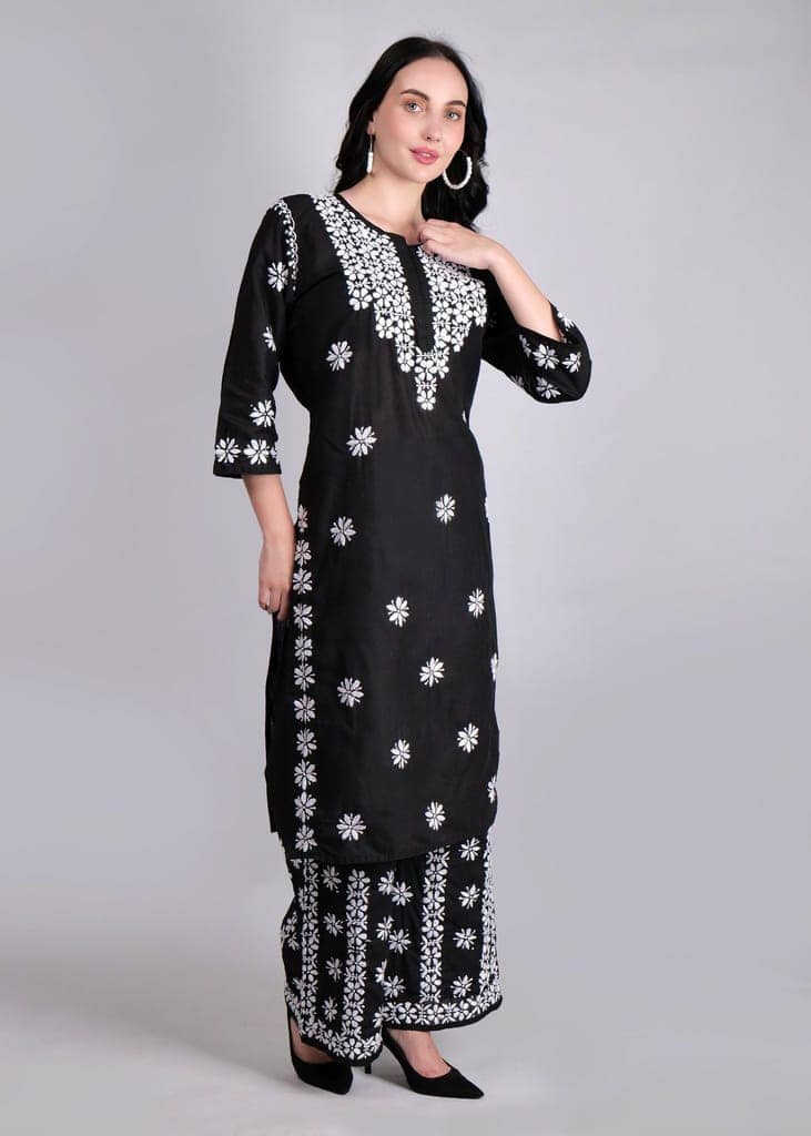 Pure Cotton Hand Embroidered Chikankari Plazo Set view 5