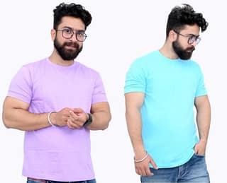 Tru Threads Solid Premium T-Shirt 2 Pcs Combo - Lavender, Cyan (Size - L)