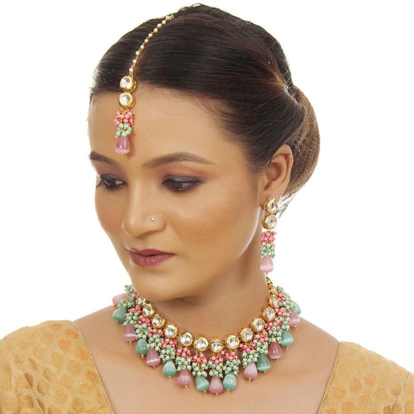 LUCKY JEWELLERY Back Meenakari 18k Gold Plated Multicolor Tika Earring Combo Uncut Big Faux Kundan Choker Necklace set view 2