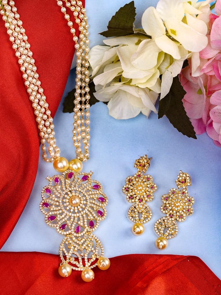 Gold Plated Red AD studded Floral Pendant Necklace Earrings Set view 3