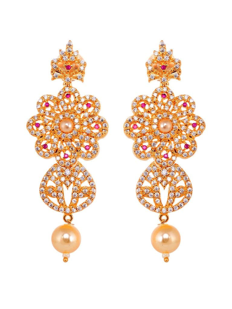 Gold Plated Red AD studded Floral Pendant Necklace Earrings Set view 5