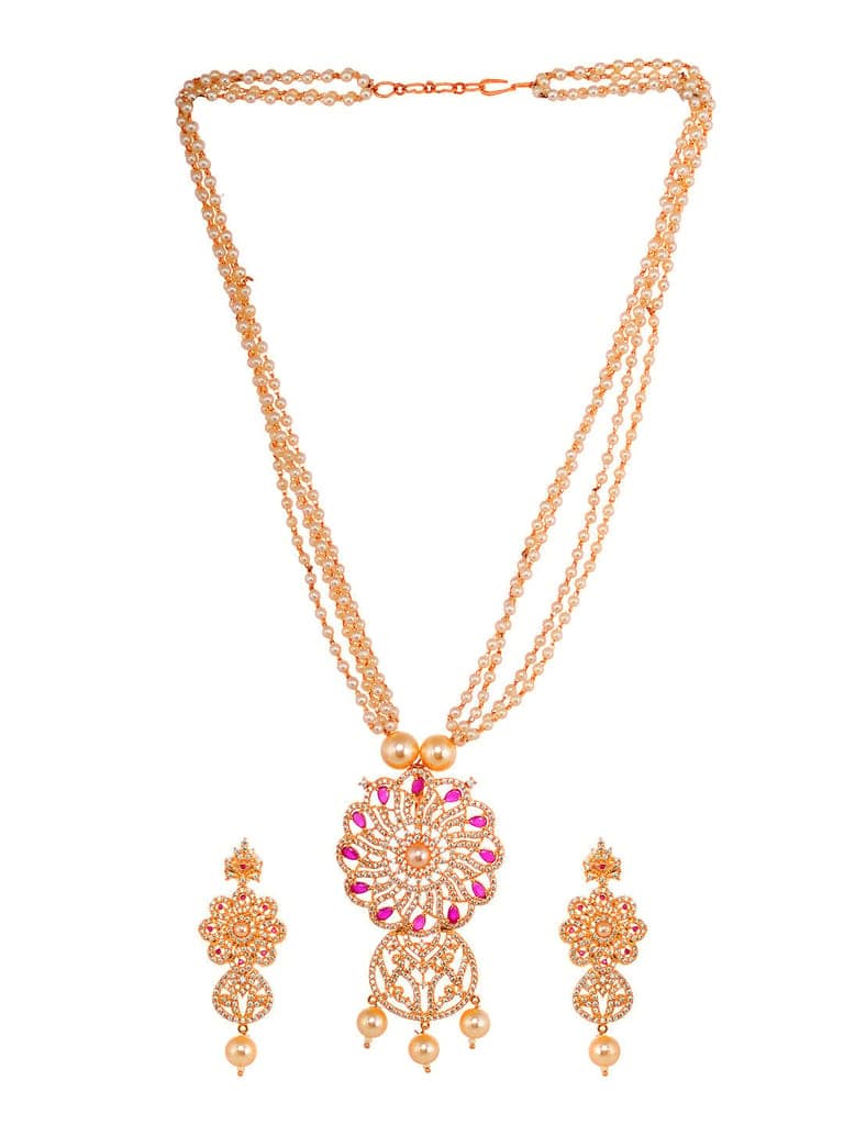 Gold Plated Red AD studded Floral Pendant Necklace Earrings Set view 6
