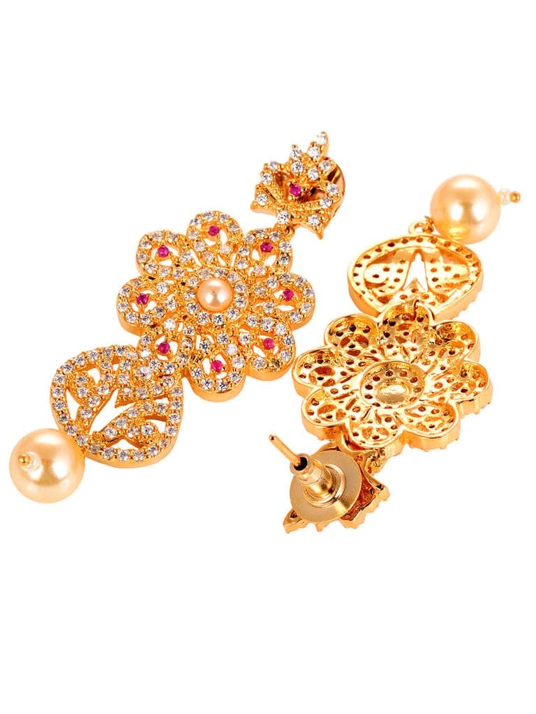 Gold Plated Red AD studded Floral Pendant Necklace Earrings Set view 7