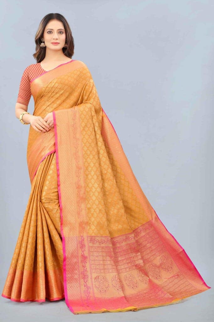 Women's Kanjeewaram Silk Woven Yellow Saree