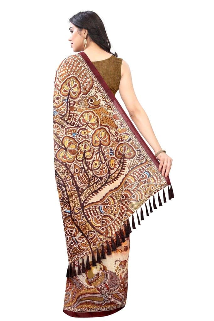 Silk Zone Women's Ajrakh Kalamkari Chanderi Cotton Digital Printed Tassel Saree with Blouse Piece view 3