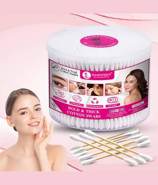 Majestique Bold & Thick Cotton Swabs | Ear Cleaning Buds, Cotton Buds for Ear | Safe Cotton Ear Buds for Hygiene & Makeup - 300 Sticks - 1 Box