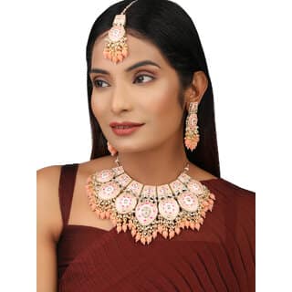 Peech Pink Premium Quality Meenakari Hyrdo Crystals Pearl Bridal Jewellery Set