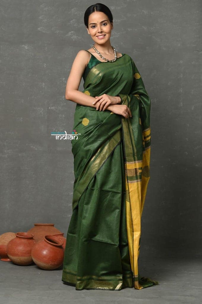 Tyohaar ~ Cotton Silk Saree By Khadigram Certified Weavers - Olive Green with Mustard Yellow view 2