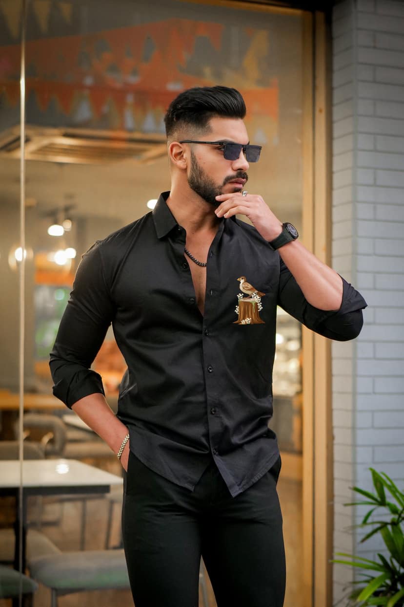 Black Printed Satin Cotton Shirt