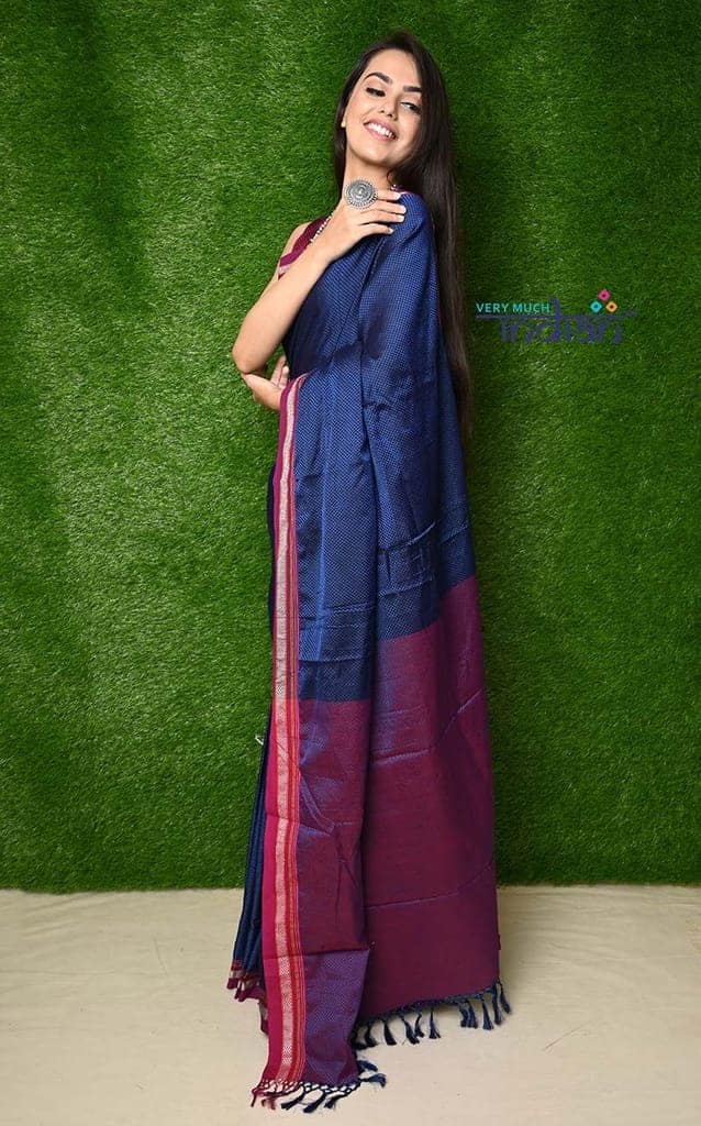 Traditional Khun Saree - Cotton Resham Authentic Handwoven, Bright Blue Khun Saree with Magenta border view 3