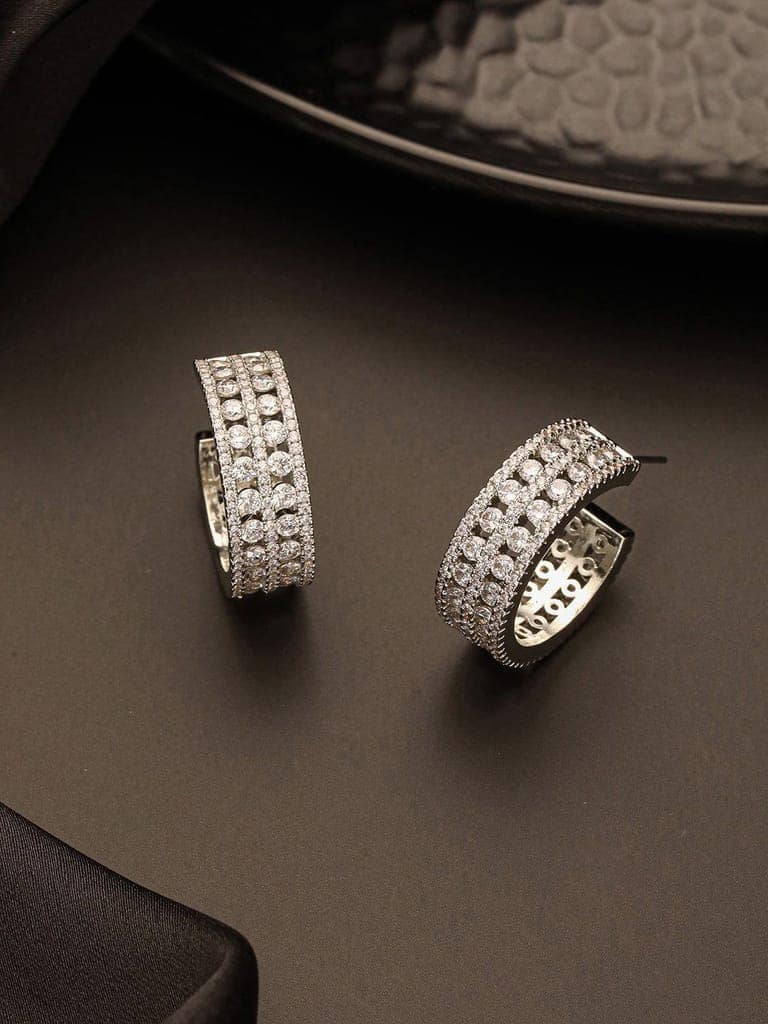 White Rhodium AD Studded C Shaped Minimal Bali Studds Earrings