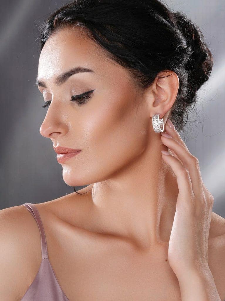 White Rhodium AD Studded C Shaped Minimal Bali Studds Earrings view 2