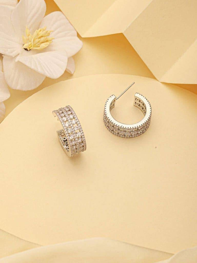 White Rhodium AD Studded C Shaped Minimal Bali Studds Earrings view 3
