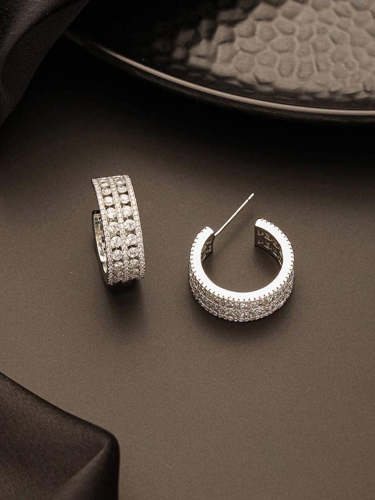 White Rhodium AD Studded C Shaped Minimal Bali Studds Earrings view 6