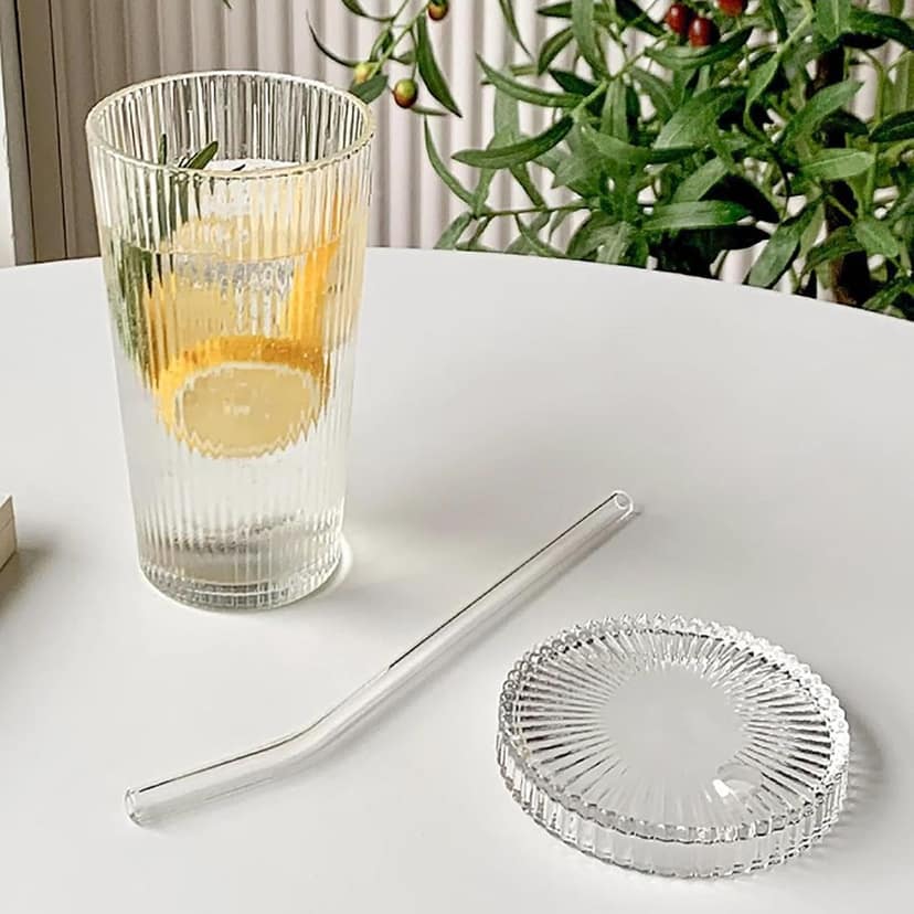 Glass Tumbler with Lid and Straw, 380 ML,Set of 1, Stripe Drinking Sipper for Water, Iced Tea, Milk, Juice, Coffee & Hot/Cold Drink, Perfect for Home, Office, Party and Travel, Gift for Man/Women