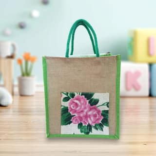 Jute Tote Bag with Pink Floral Applique