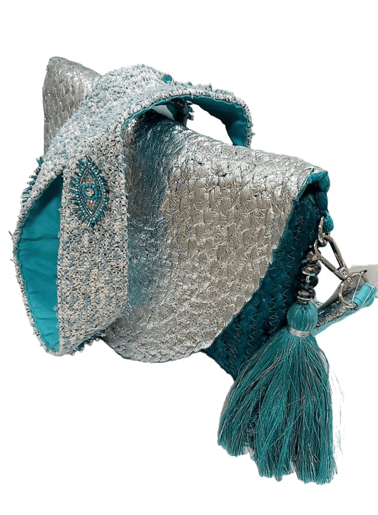 Coloured Foil Jute Sling Bag with Jaquard Handle and Beautiful Handmade Tassel view 3