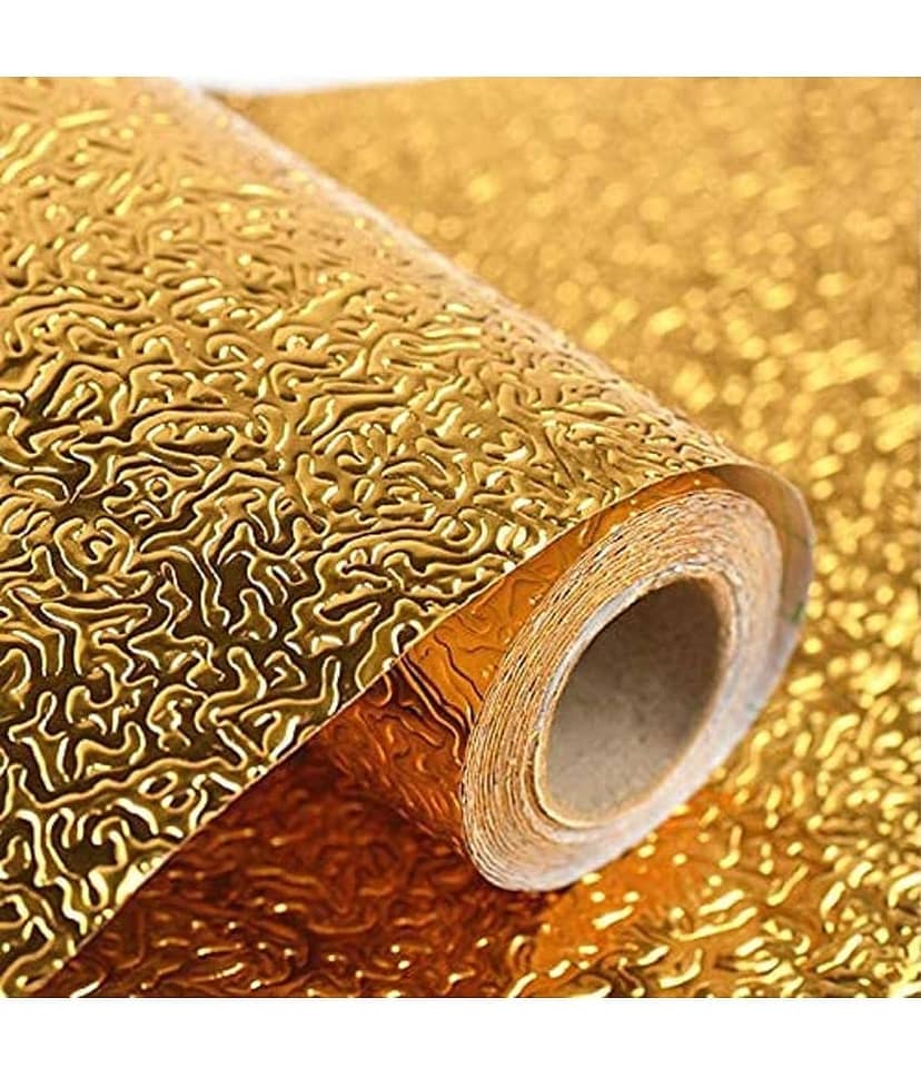 KAAF Golden Oil Proof Aluminum Foil Self Adhesive Sticker (60cm x 200cm) (Pack of 1)