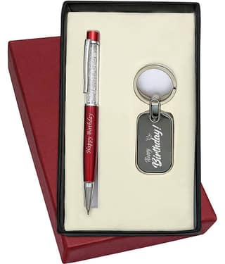 UJJi Happy Birthday Printed 2in1 Combo with Cristal Red Ball Pen with Keychain