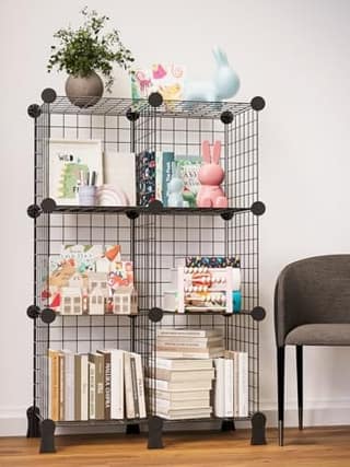 BOXJOY 6 Shelf Metal Grid Open Book Shelf & Showcase Rack for Living Room Display with Bottom Stand
