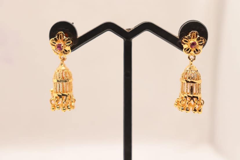 Gold Plated Filigree Jhumka Earrings with Ruby Stones view 3