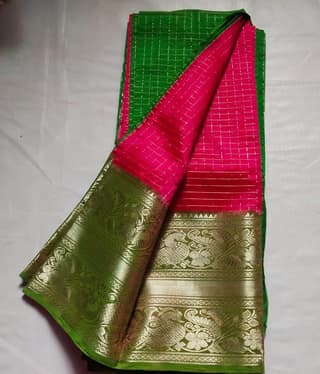 Green and Pink Silk Saree With Golden Zari Border