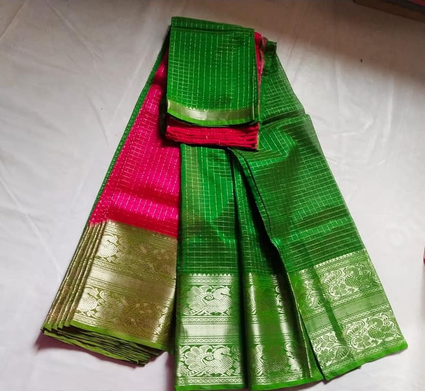 Green and Pink Silk Saree With Golden Zari Border view 2