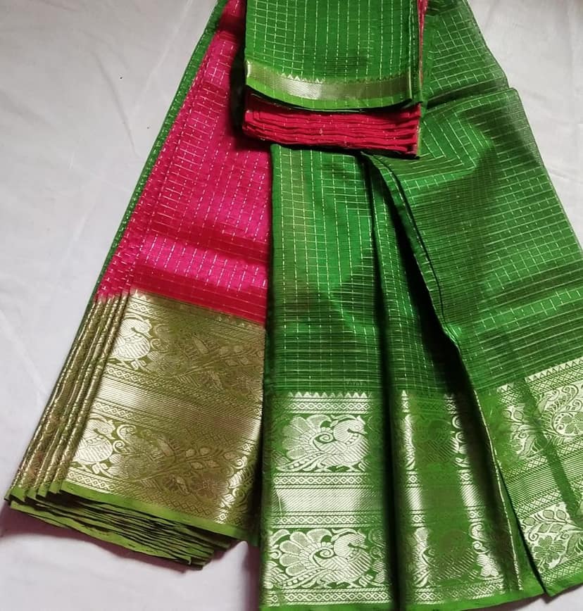 Green and Pink Silk Saree With Golden Zari Border view 3