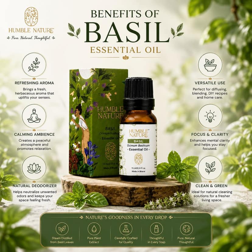 Humble Nature Basil Essential Oil 15ml | Steam Distilled Basil (Ocimum Basilicum) Essential Oil | Natural Plant Extract | GC-MS Tested | Aromatherapy, Diffuser, Massage, DIY Blends & Home Fragrance view 3