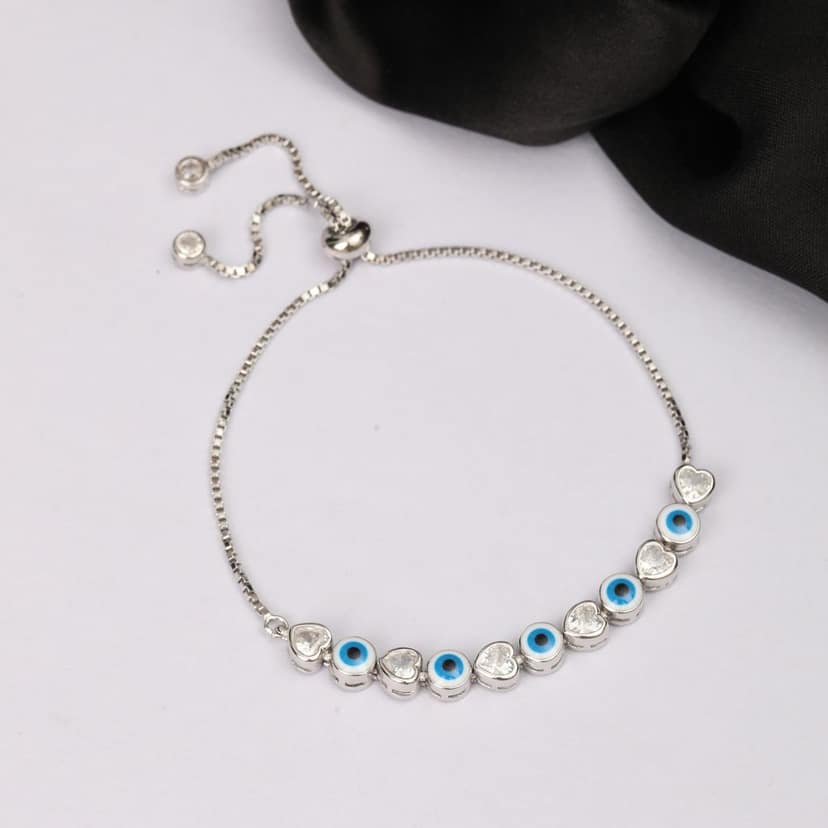 925 Sterling Silver Evil Eye & Heart CZ Adjustable Bracelet for Women & Girls | Blue Eye Protection Charm Bracelet I Weight - 6.68 g view 3
