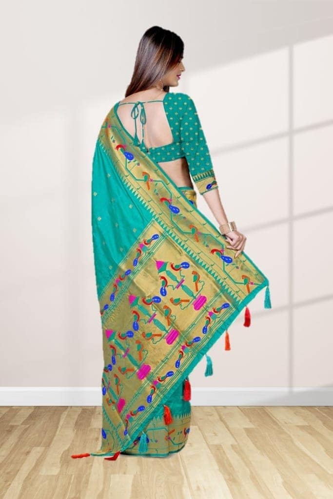 Green Semi Silk Paithani Saree view 2