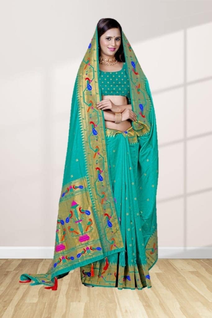 Green Semi Silk Paithani Saree view 3