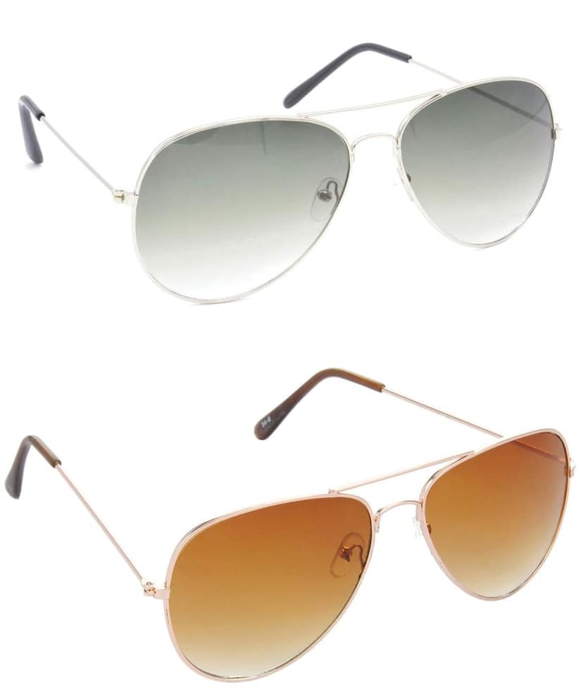 HRINKAR Unisex Pilot Sunglasses Silver & Golden Frame, Green & Brown Lens (Medium) - Pack of 2