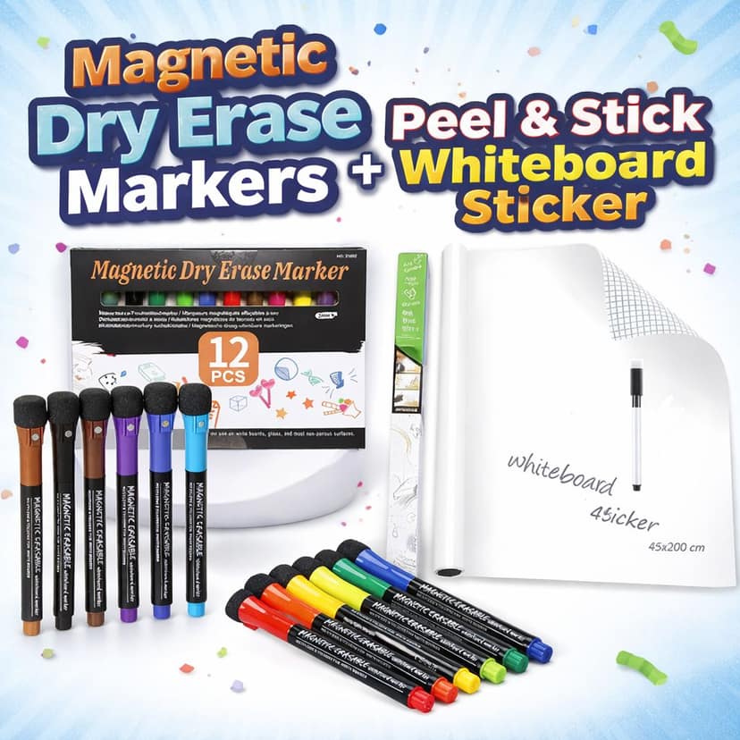 ALTYRITE Whiteboard Sticker Roll 45 x 200 cm with 12 Magnetic Dry Erase Markers | Self Adhesive White Wall Board, Reusable Writing Surface | No Ghosting for Kids, Planner, Kitchen & Office
