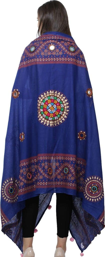 Marzipan-Blue Printed Dupatta from Kutch with Hand-Embroidered Florals and Mirrors view 4
