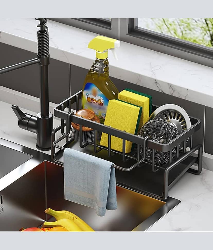 GEEO Sink Organiser, Kitchen Organiser Stainless Steel with Self-Draining Drain Tray for Sponge Holder, Towel Holder, Dish Cloth Holder, Super Organiser for Kitchen and Bathroom