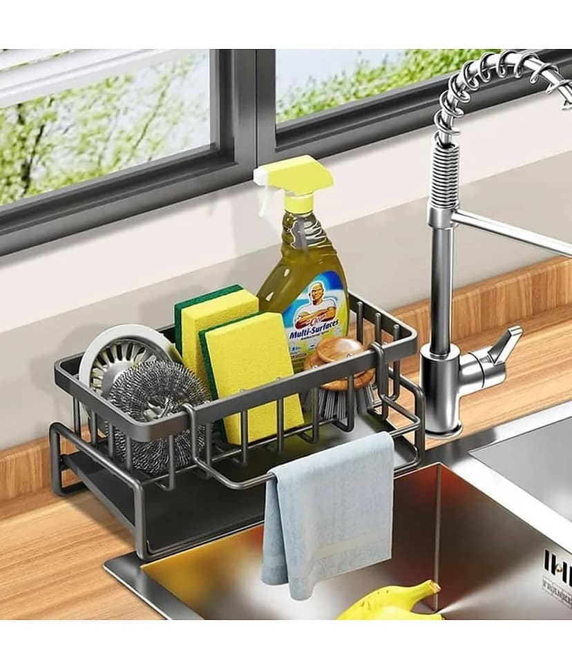 GEEO Sink Organiser, Kitchen Organiser Stainless Steel with Self-Draining Drain Tray for Sponge Holder, Towel Holder, Dish Cloth Holder, Super Organiser for Kitchen and Bathroom view 2
