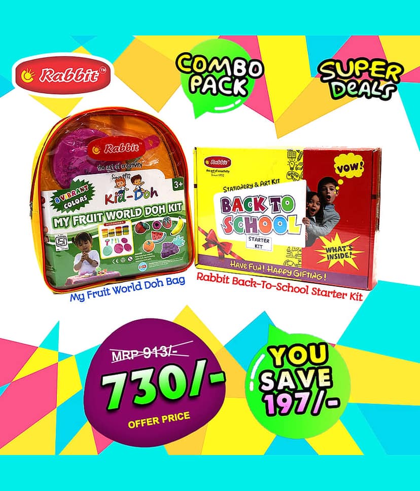 Rabbit Back To School Starter Kit+My Fruit World Doh Kit(Bag)| Stationery kit for kids| Play dough| Kid doh| Modelling Dough for Kids| Play clay| Kids Playing Dough with Moulds|Age 3+ view 2